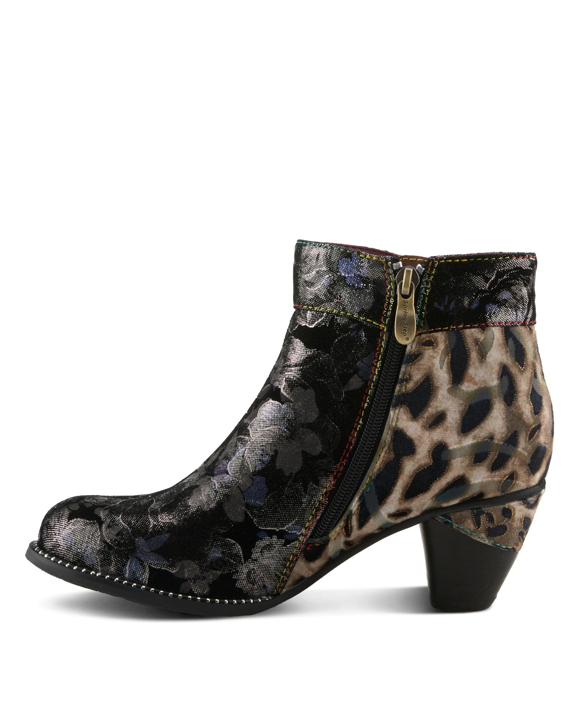 L'Artiste Women's Dessalynn Floral and Animal Print Suede Ankle Boots with Velvet Lining, Decorative Button, Side Zipper, Sculpted Mid Heel – Arti