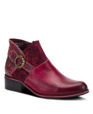 Women's Tiatia Hand-Painted Leather Ankle Boots with Asymmetrical Buckle Strap, Embossed and Suede Panels, Block Heel, and Side Zipper