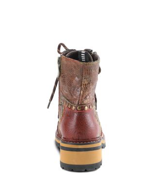 Women's Rugup Hand-Painted Leather Booties with Mixed Textures, Decorative Studs, Lace-Up and Zipper Closure, Faux Fur Lining, and Lug Sole