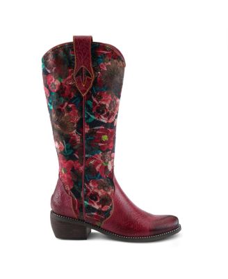 L Artiste Women s RODEOQUEEN-VIV Western Tall Boots with Embossed Leather, Floral Velvet Shaft, and Stacked Heel