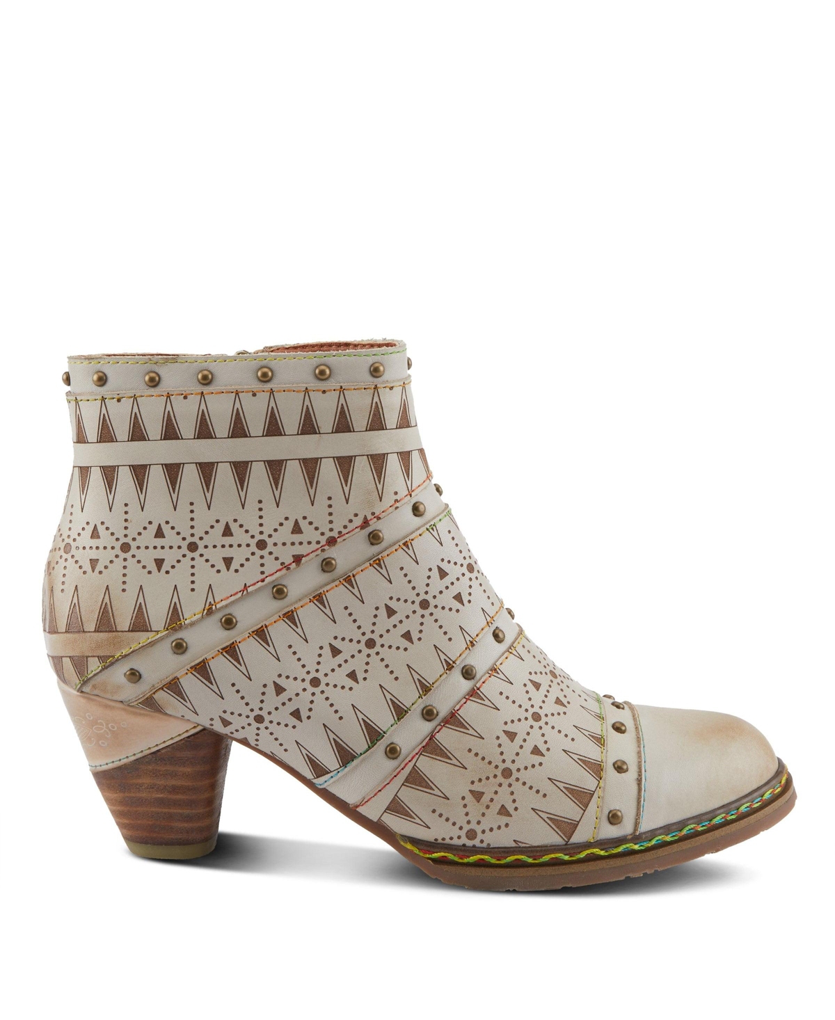L'Artiste Women's Niobe Leather Ankle Boots with Burnished Finish, Gold Studs, Etched Patterns, Inside Zipper, and Rainbow Stitching – Artisan