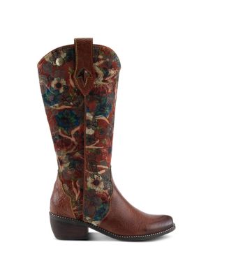 L Artiste Women s RODEOQUEEN-VIV Western Tall Boots with Embossed Leather, Floral Velvet Shaft, and Stacked Heel