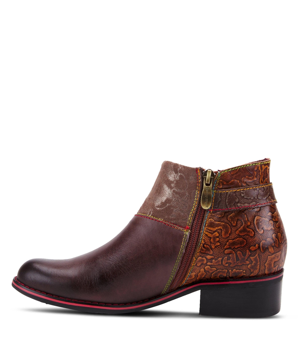 L'Artiste Women's Tiatia Hand-Painted Leather Ankle Boots with Asymmetrical Buckle Strap, Embossed and Suede Panels, Block Heel, Side Zipper – Fre