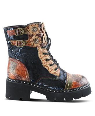 L Artiste Women s LIMITLESS Leather Combat Boot with Floral Cutouts, Stud Accents & Rainbow Stitching Booties