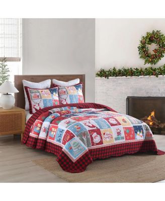 Festive Christmas Holiday Quilt Bedspread Set, 3-Pc., Queen