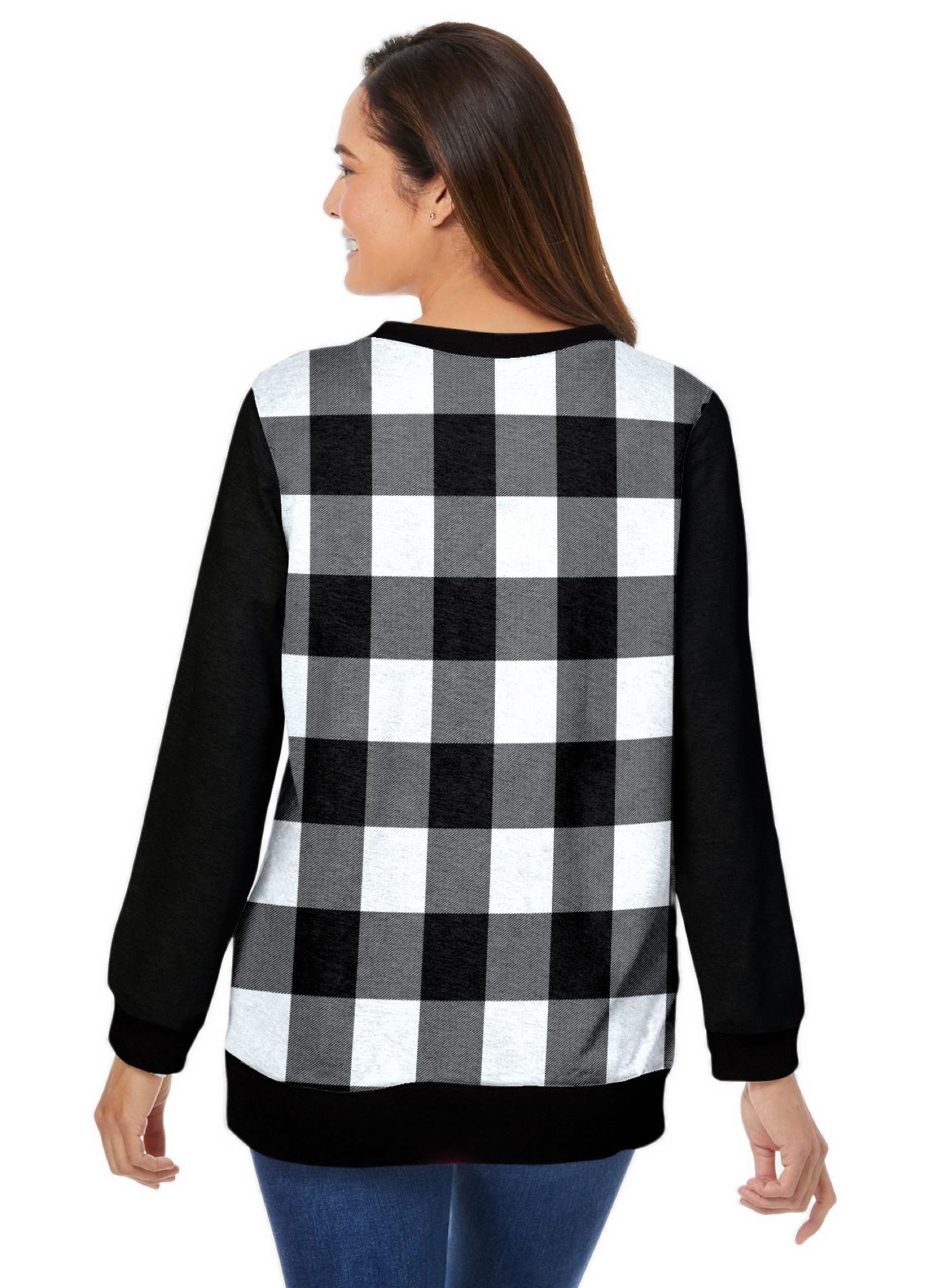 Женский свитшот Woman Within Plus Size Within Printed, цвет: Чёрный клетчатый — фото 2