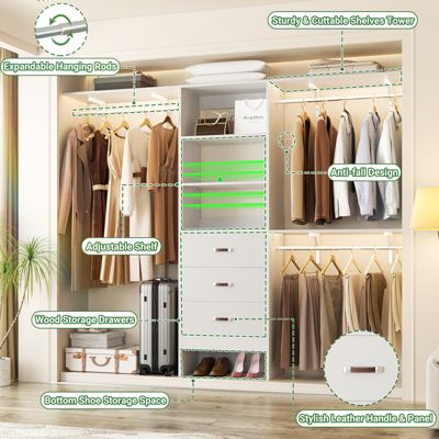 8-Foot Walk-In Closet Organizer with 3 Shelving Towers, Heavy-Duty Clothes Rack and 3 Drawers