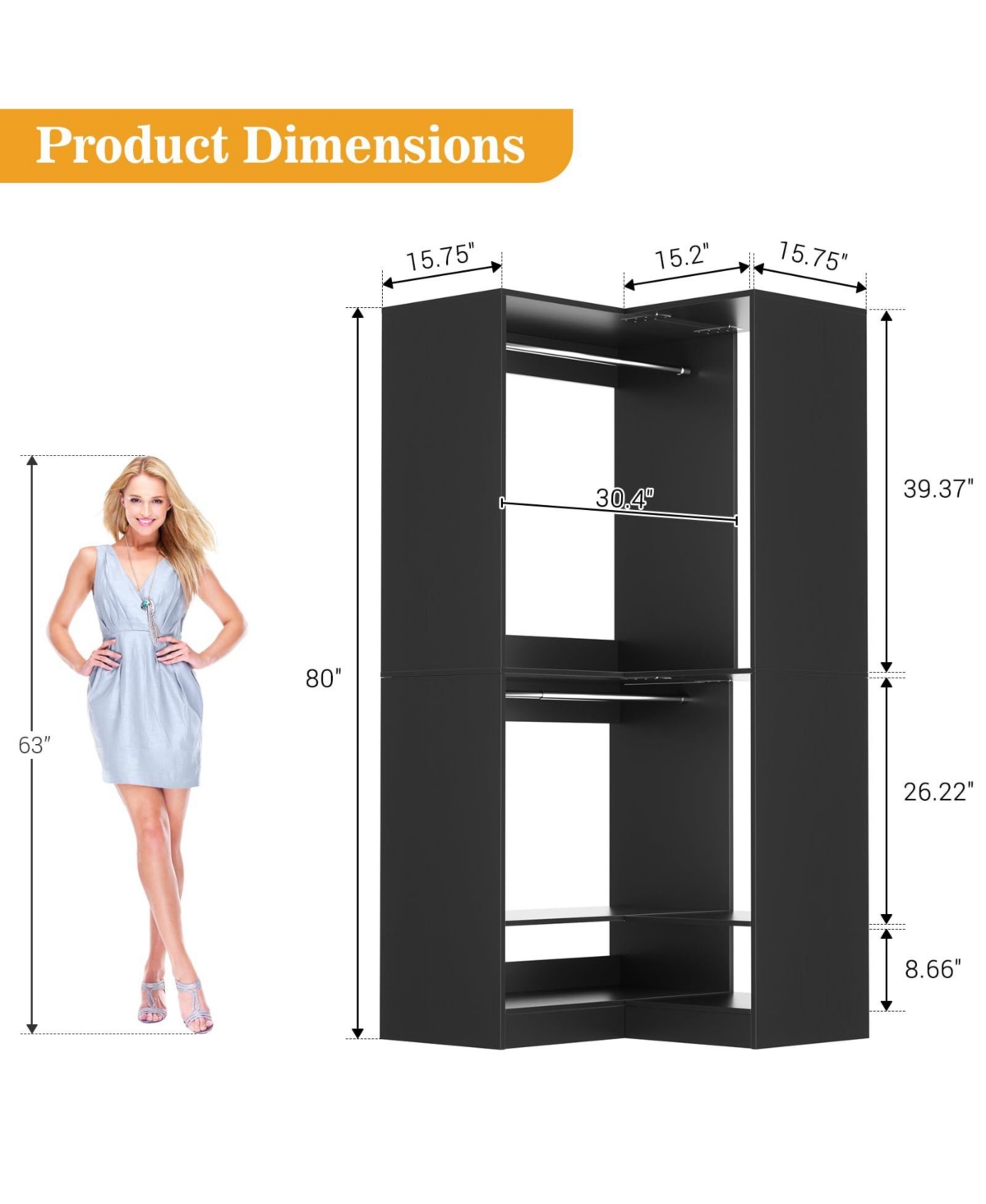 Corner Closet System with Upper & Lower Hanging Areas, Wardrobe Organizer Shoe Shelf