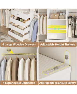 8FT Wall Mounted Closet System with 4 Drawers and 4 Hanging Rods, Garment Rack with Shelves