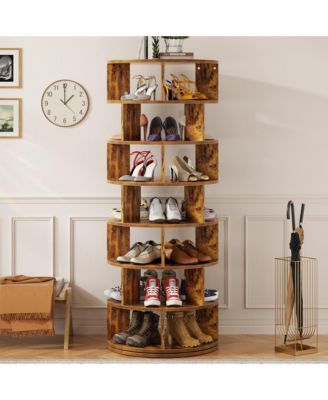 7-Tier Rotating Shoe Rack, 360° Display Wooden Revolving Shoe Rack Tower