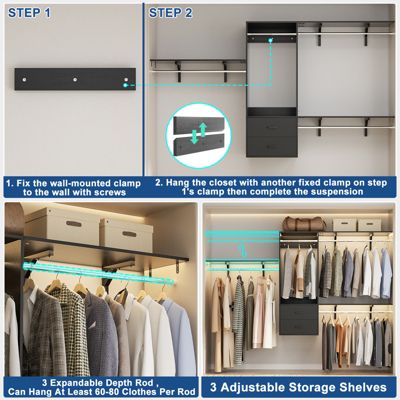 96 Inch Wall Mounted Closet Organizer System with 3 Shelves and Rods, Closet Rack with 2 Drawers