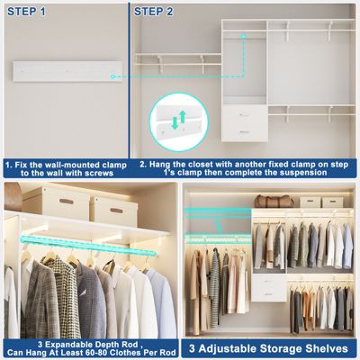 96 Inch Wall Mounted Closet Organizer System with 3 Shelves and Rods, Closet Rack with 2 Drawers