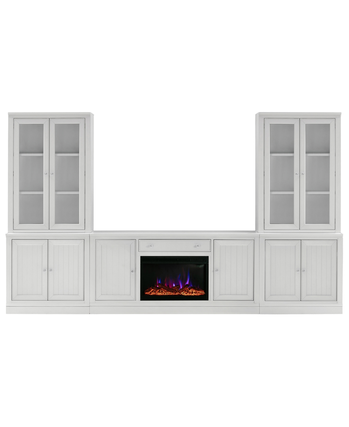 Macy's Amren 65" 2 Door Console With 2 Door Hutches And 2 Door Bases With Fireplace Insert In White