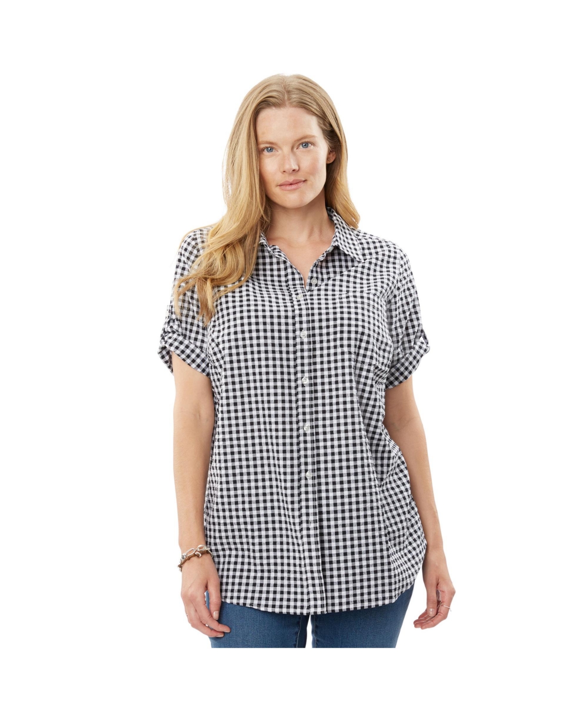 Woman Within Plus Short-Sleeve Button Down Seersucker Shirt