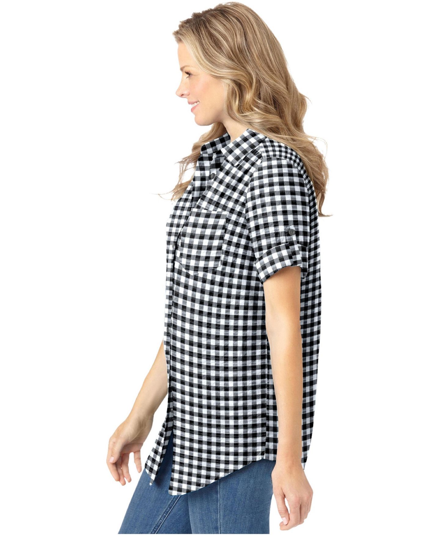 Женская рубашка Woman Within Plus Size Within Short-Sleeve Button-Down Cotton Seersucker, цвет: Чёрный в мелкую клетку — фото 3