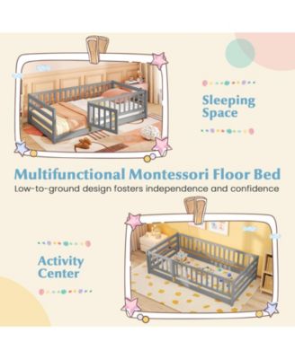 Twin Size Floor Bed w/High Fence & Door Safety Guardrails Wood Floor Bed Frame