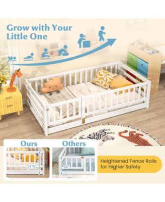 Twin Size Floor Bed w/High Fence & Door Safety Guardrails Wood Floor Bed Frame