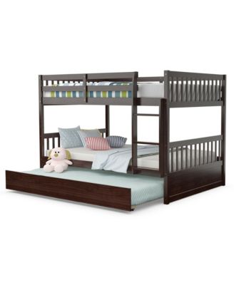 Full over Full Bunk Bed Platform Wood Bed w/ Trundle & Ladder Rail