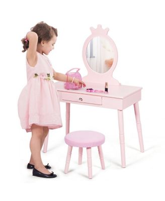 Kids Vanity Makeup Table & Chair Set Make Up Stool Play Set for Children