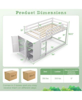 Twin Over Twin Bunk Bed Wood Frame Storage Shelves Ladder Guardrails Kids