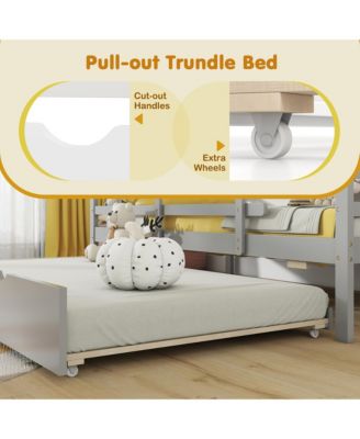 Twin Size House Bed w/ Trundle Wooden Kids Bed w/ Safety Rails & Decorable Roof