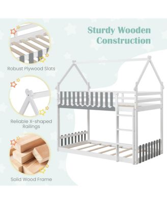 Twin Over Twin Bunk Bed w/ Fence & Ladder Solid Wood Floor Bunk Bed for Kids