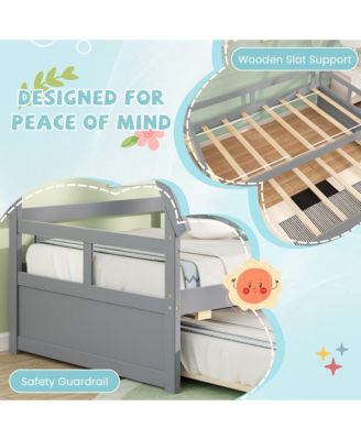 Twin Size House Bed w/ Trundle Roof & Safety Guardrail Wood Slat Support