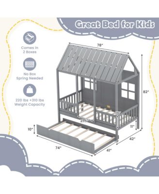 Twin Size House Bed with Trundle Fence Decor Wooden Windows Tall Roof