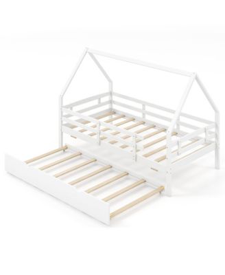 Twin Size House Bed w/ Trundle Wooden Kids Bed w/ Safety Rails and Decorable Roof