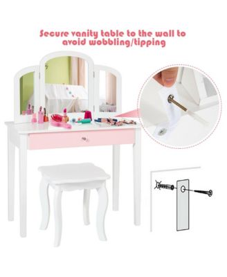 Kids Vanity Set with Tri-Folding Mirror and Chair – Princess Style Makeup Dressing Table