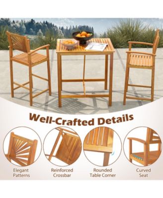 3 PCS Outdoor Acacia Wood Bar Set w/ Slatted Seat & Tabletop