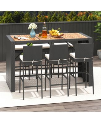 7 Pieces Patio Bar Set w/ Acacia Wood Tabletop & Removable Cushions Outdoor