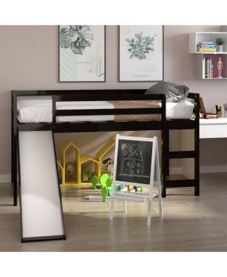 Twin Size Loft Bed with Slide Wood Low Sturdy Loft Bed Bedroom