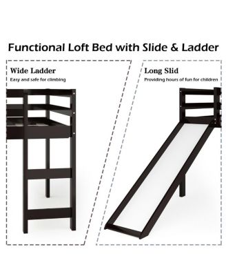 Twin Size Loft Bed with Slide Wood Low Sturdy Loft Bed Bedroom