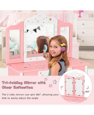 Kids Vanity Princess Makeup Dressing Table Chair Set W/ Tri-folding Mirror