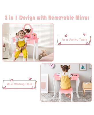 Kids Vanity Princess Makeup Dressing Table Stool Set W/ Mirror Drawer