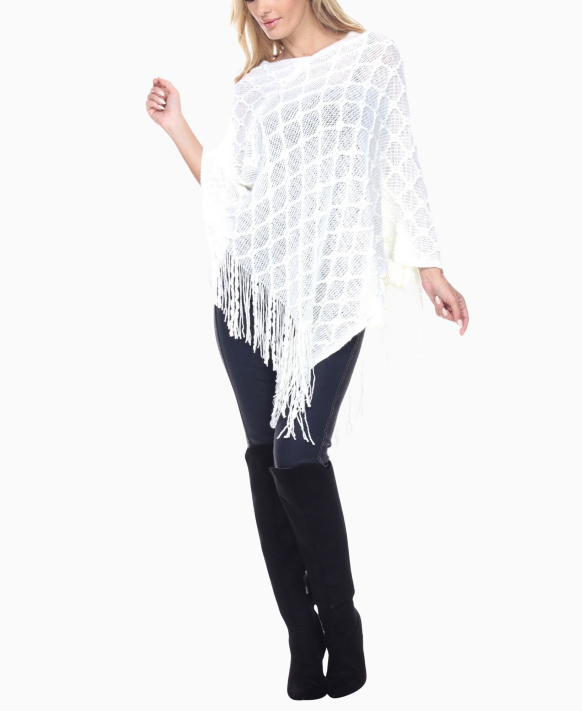 White Mark Women's Open Knit Fringe Poncho Sweater In Animal Print