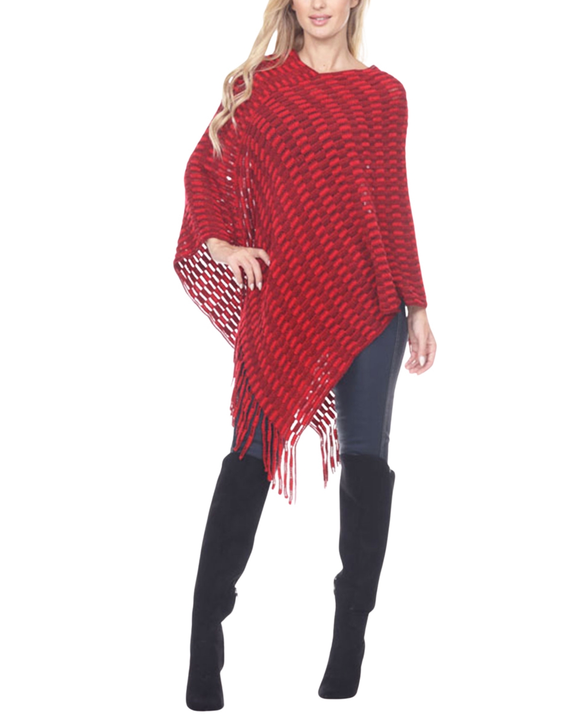 White Mark Women's Textured Fringed Poncho Sweater In Animal Print