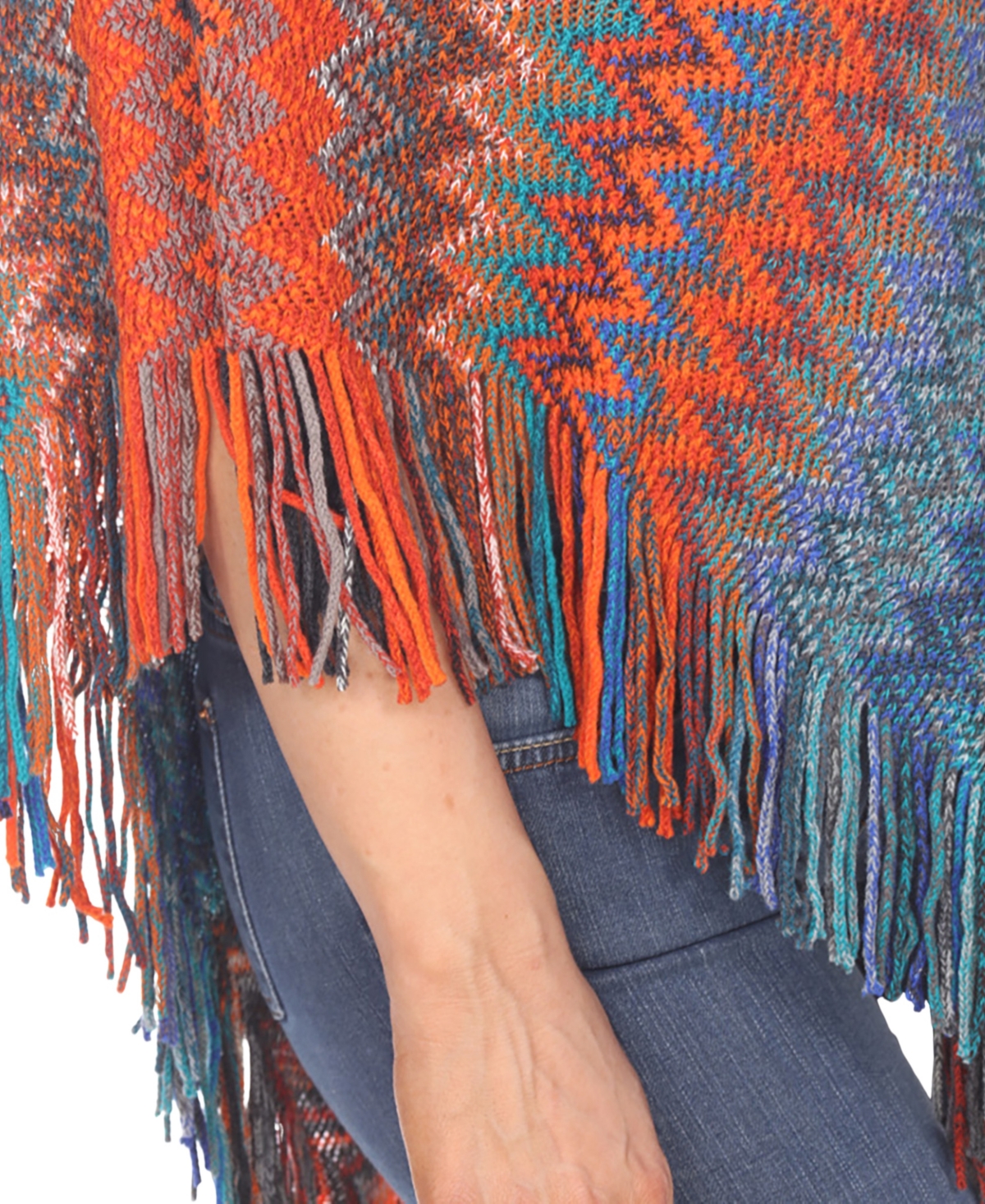White Mark Women's Chevron Knit Fringed Hem Poncho Sweater In Multi