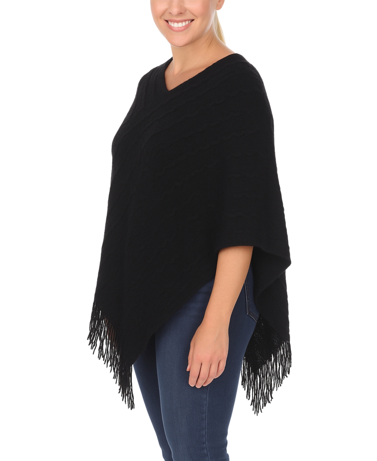 White Mark Women's Lightweight Textured Knit Poncho Sweater In Black