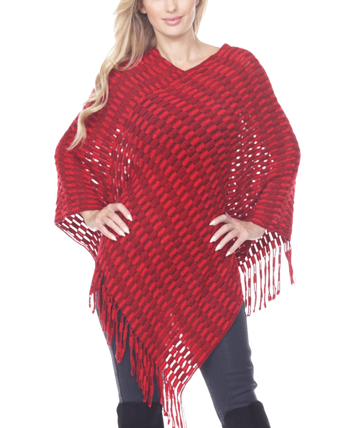 White Mark Women's Textured Fringed Poncho Sweater In Red