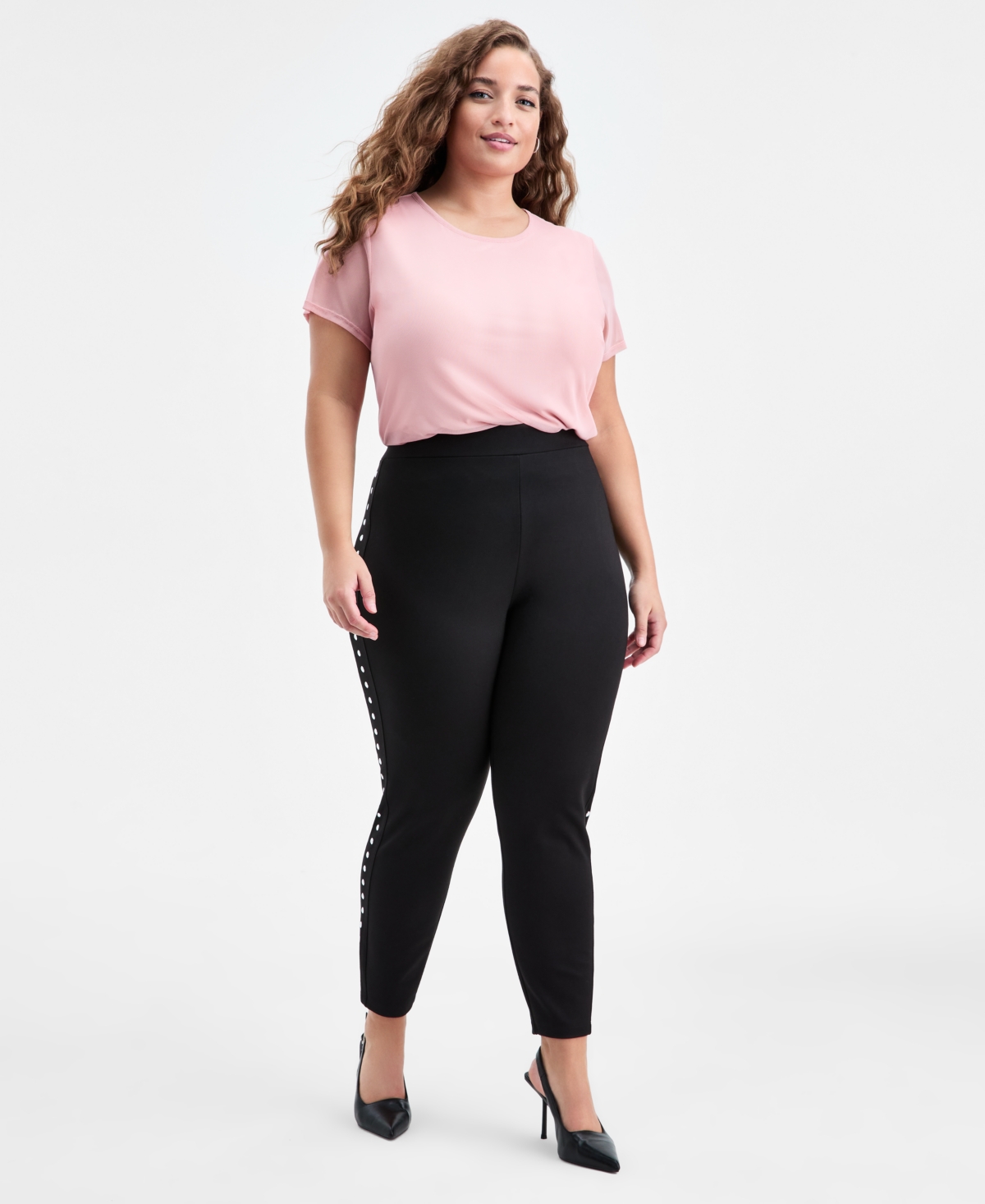 Bar Iii Trendy Plus Size Studded Pull-on Bodycon Leggings In Black