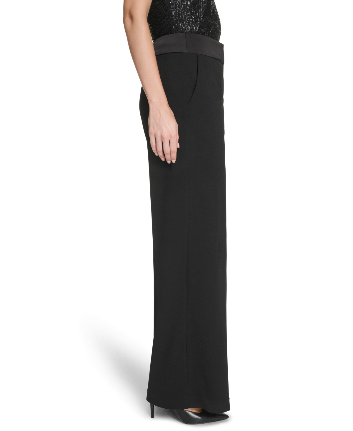 Calvin Klein Petite Wide Leg Mid-rise Pants In Black