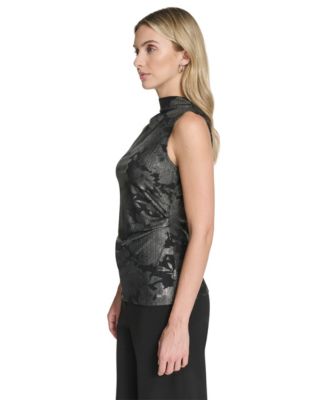 Petite Novelty Printed Mock Neck Ruched Top