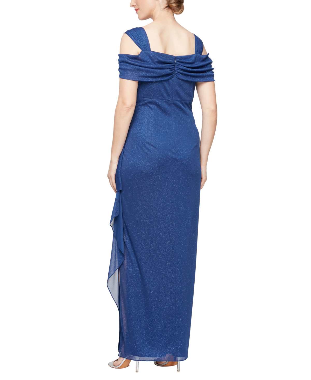 Alex Evenings Cold-shoulder Draped Metallic Petite Gown In Blue