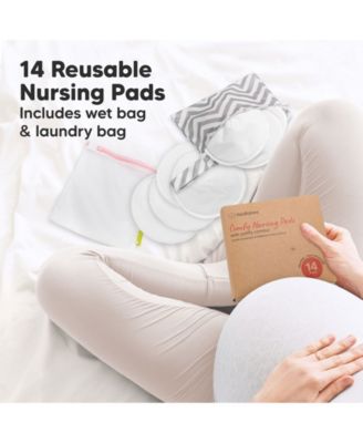 14pk Organic Nursing Pads, Washable Breast Pads + Wash Bag, Reusable Nipple Pads