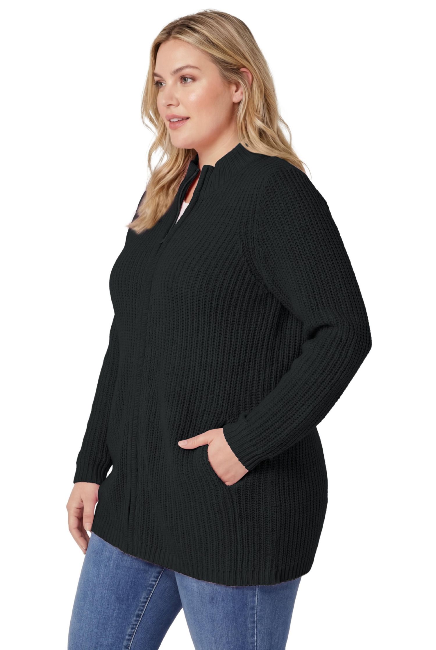 Plus Size Within Zip Front Shaker Cardigan Sweater