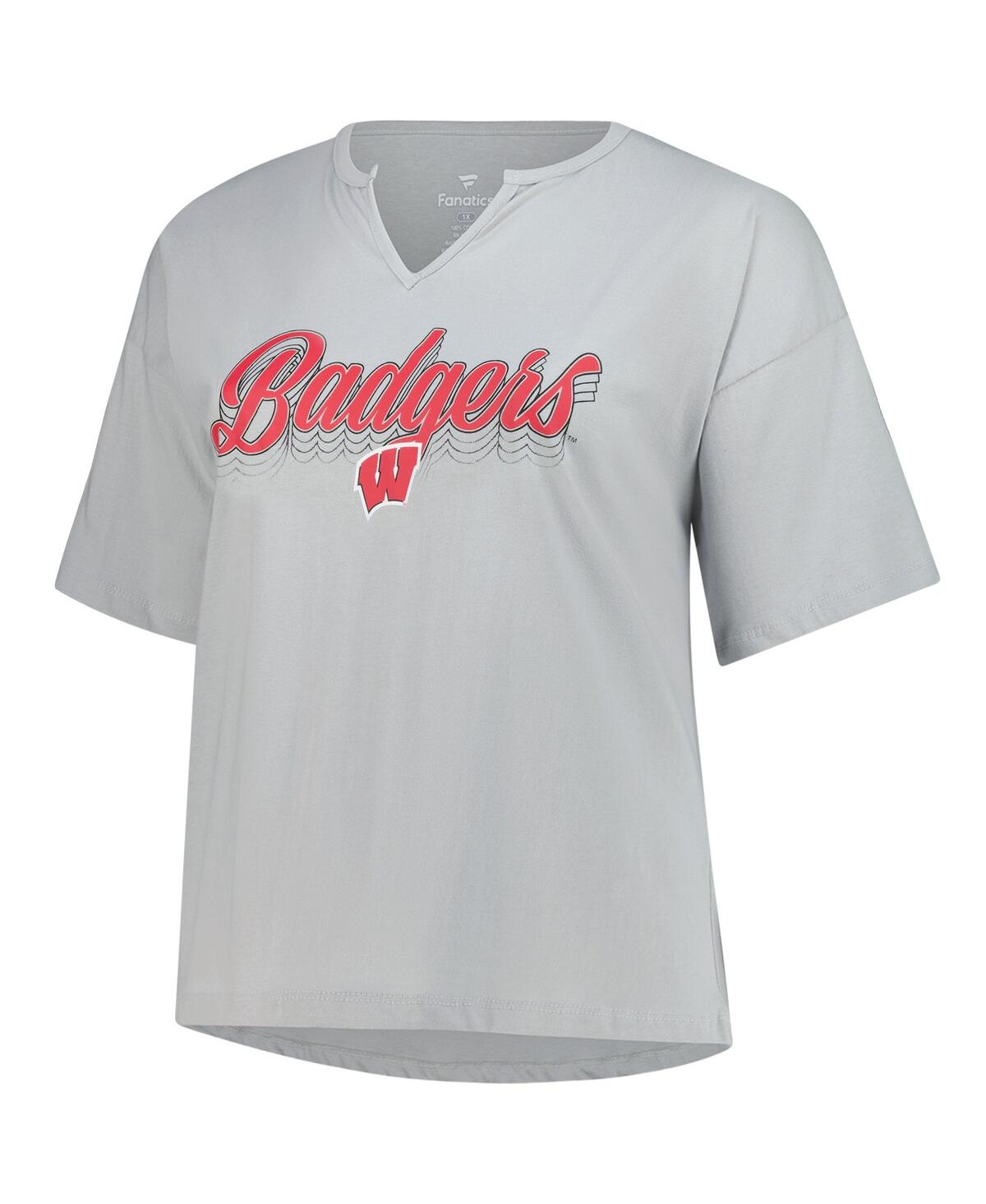 Fanatics Women's Gray Wisconsin Badgers Plus Size Winning Gear Notch Neck T-shirt In Gray