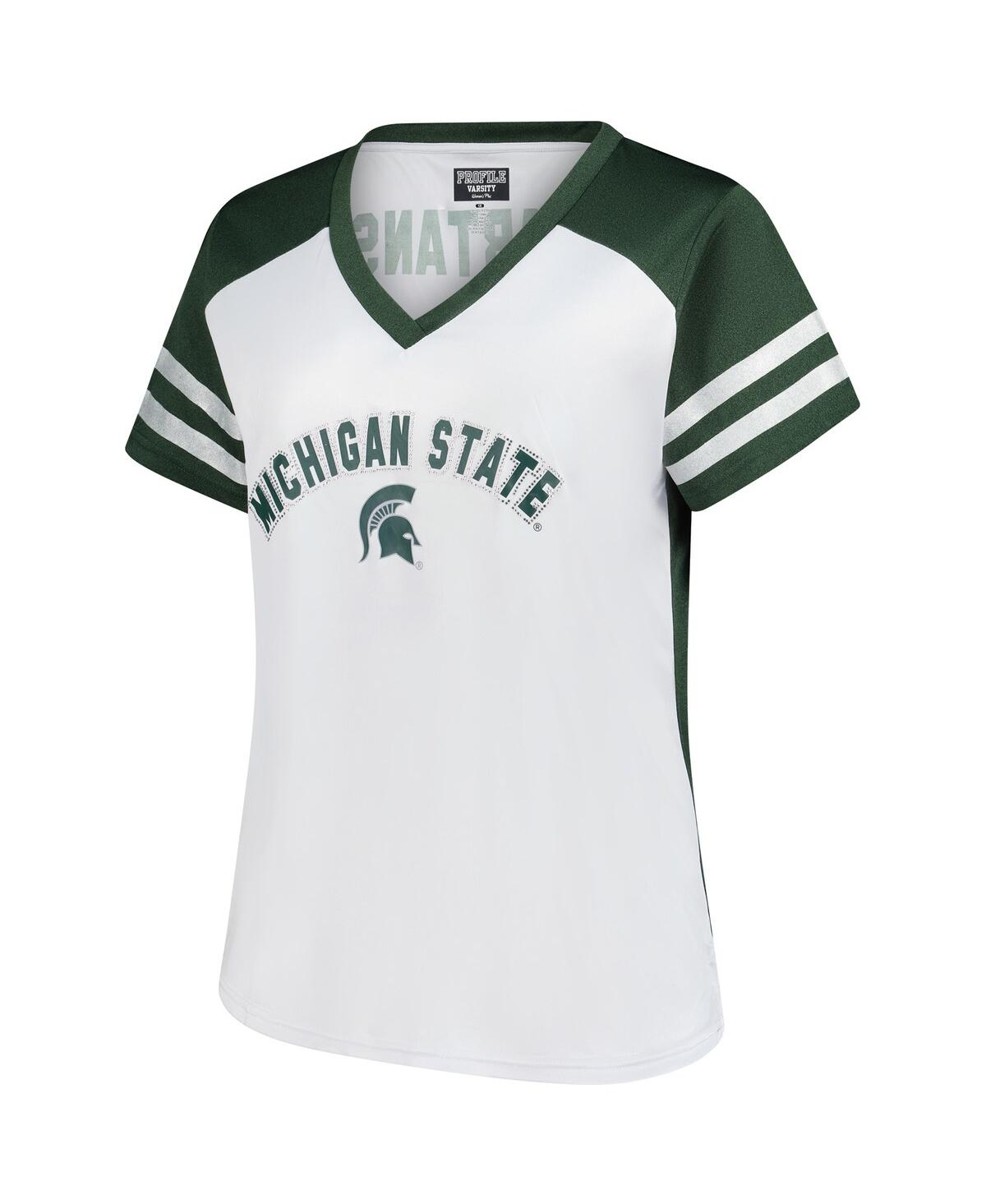 Fanatics Women's White Michigan State Spartans Plus Size Rhinestone Glitter Sleeve Stripe V-neck T-shirt In White