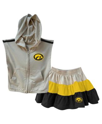 Wes & Willy - Girls Toddler 2-Piece Tan Iowa Hawkeyes Tri-Blend Sleeveless Full-Zip Hoodie and Tiered Skirt Set